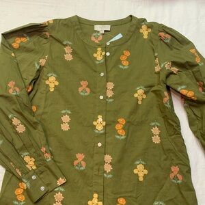 NWT LOFT Boho Cottagecore Olive Green Floral Button-Down Petite Blouse SP